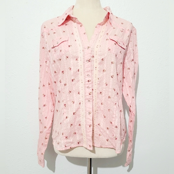 Route 66 Tops - Vintage Route 66 Womens Western  Pearl Snap Floral Shirt 100% Cotton Size Large